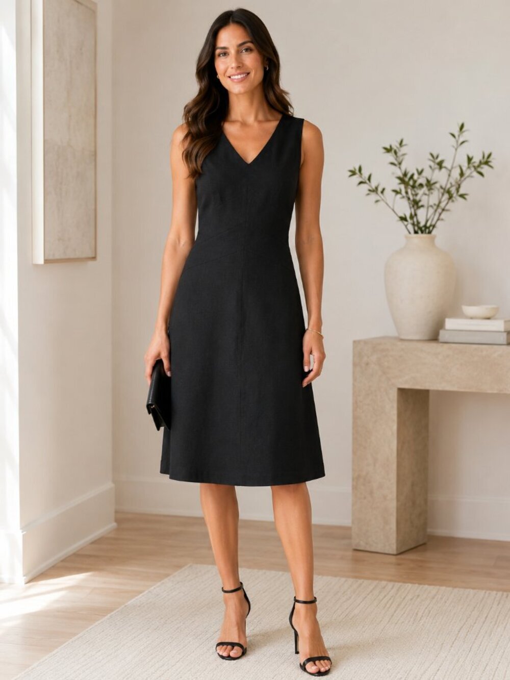 Talbots Irish Linen Black Sleeveless Dress 6 Classic Minimalist Shift Midi